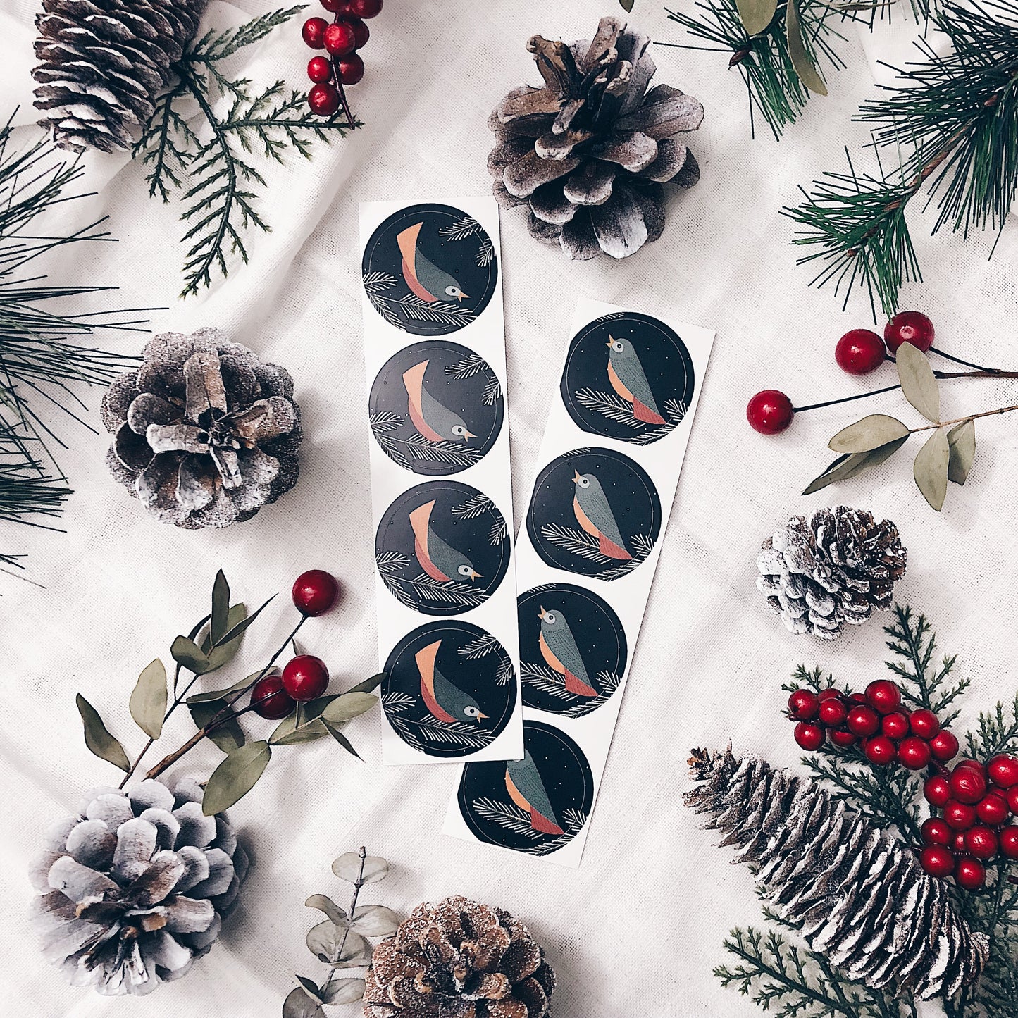 Gift wrapping stickers-2 different strips of 4 stickers-Snow birds night time