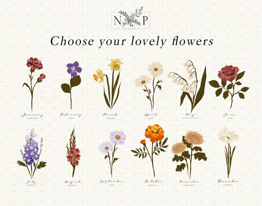 Art Print 546- Personalized Birth Flower Family Bouquet with Birth Months & Family Names by Natasha Prévost