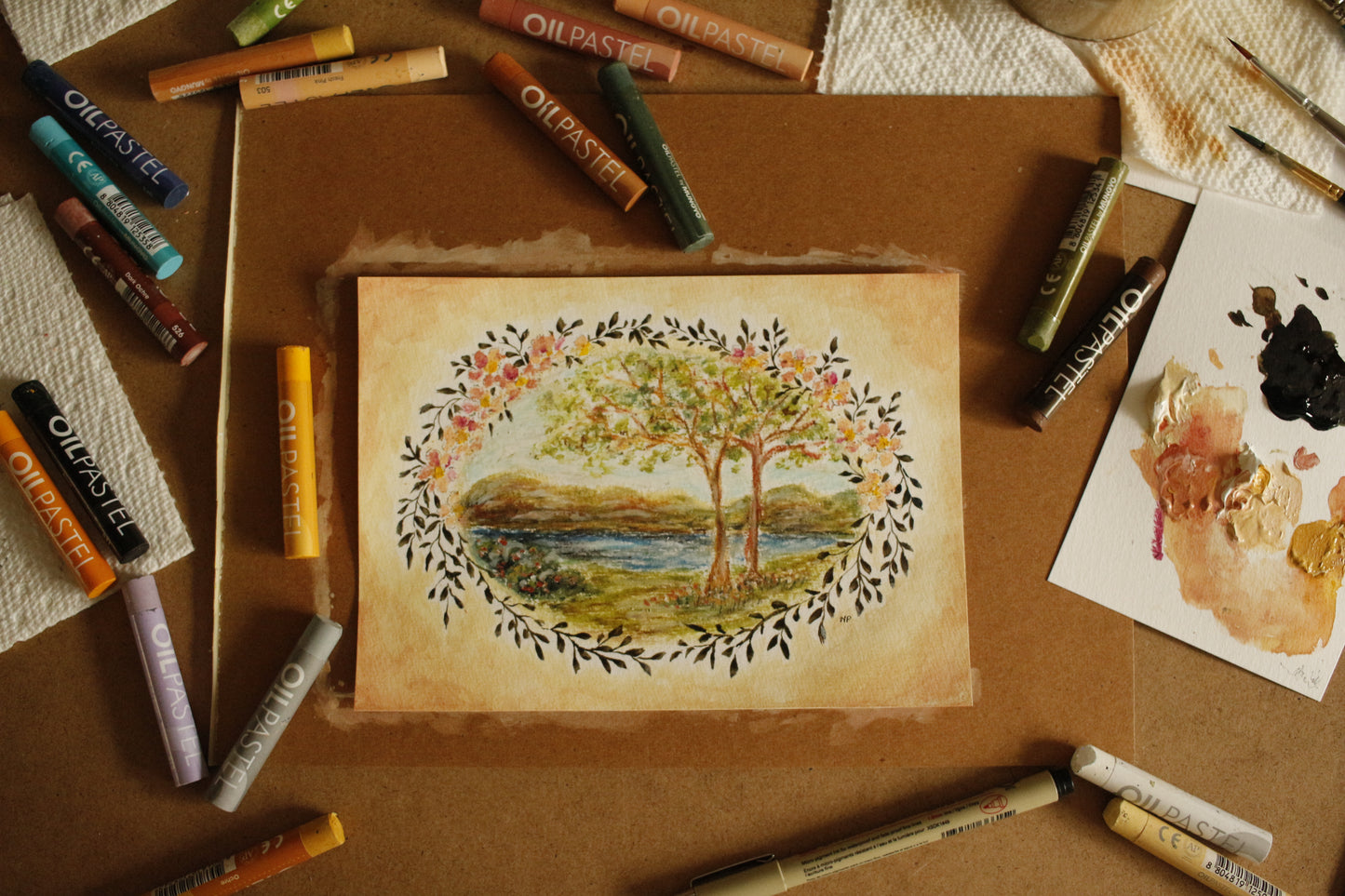 Tableau original-Landscape in Flower Wreath