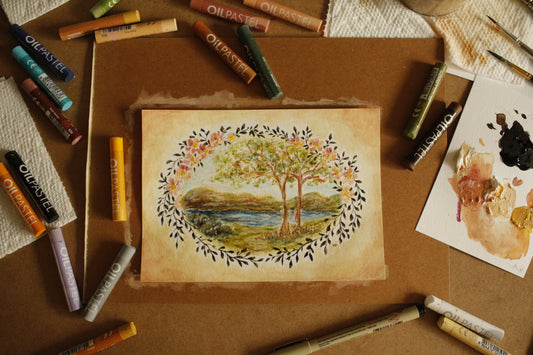 Tableau original-Landscape in Flower Wreath