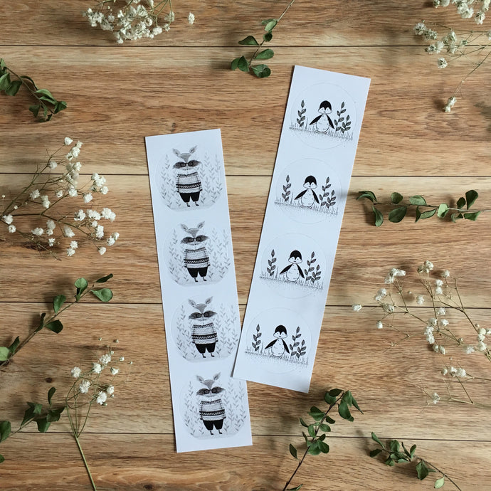Gift wrapping stickers-2 different strips of 4 stickers-Raton & Pingouin