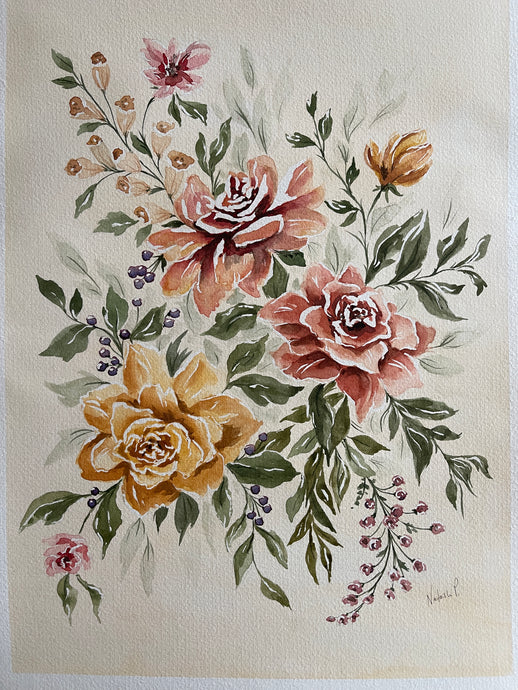 Feuillage et fleurs -aquarelle originale