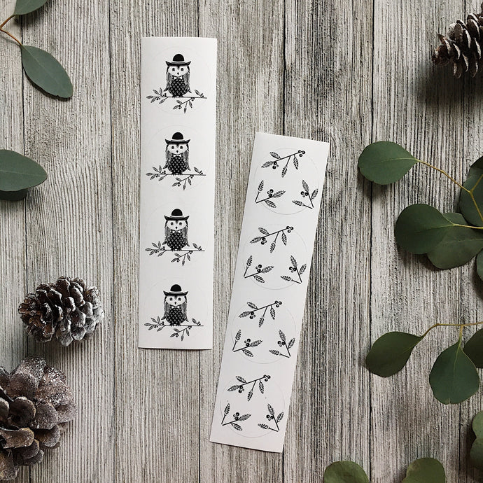 Gift wrapping stickers-2 different strips of 4 stickers-Owl & branches